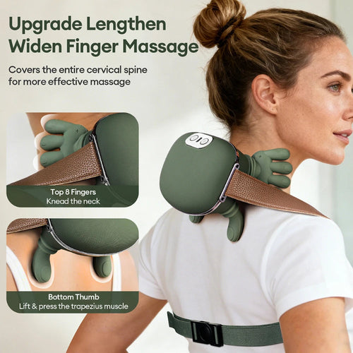 Woman using a neck and shoulder massager with text describing its features.
