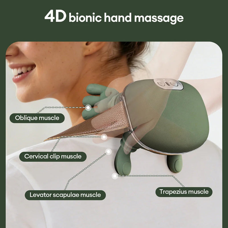4D bionic hand massage device being used on a person's neck with labeled muscles.