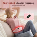 Person using a four-speed vibration massage device on a couch with text indicating multi-faceted body care.