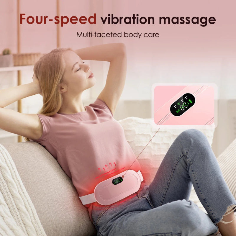 Person using a four-speed vibration massage device on a couch with text indicating multi-faceted body care.