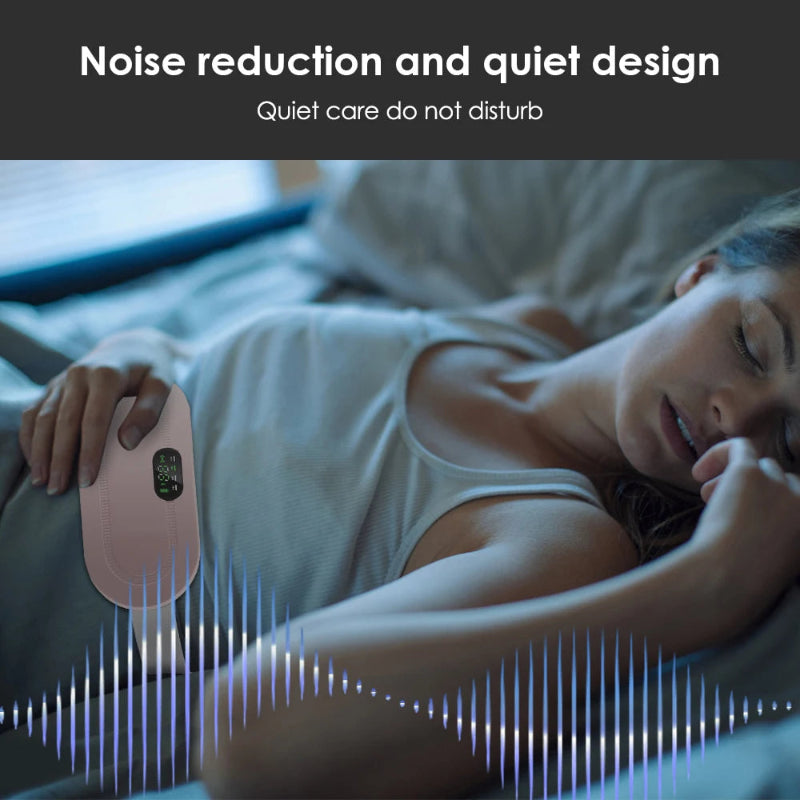 Woman lying in bed with a pink device, text about noise reduction and quiet design.